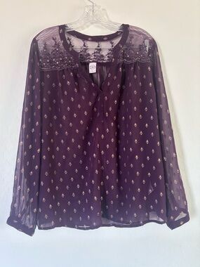 BILA Long Sleeve Sheer Blouse Burgundy Gold Beaded Sequin Lace Indian Size XL